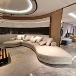 Curved Modular Luxury Sofa Set with Premium Top-Grain Leather, Polished Gold Stainless Steel Frame & Natural Marble Inlay